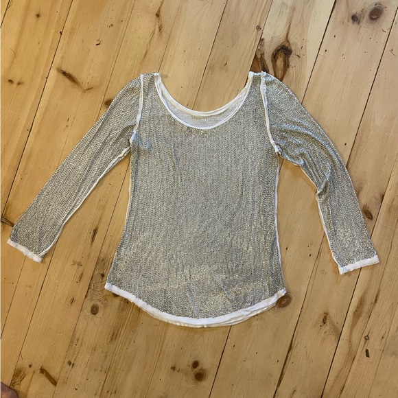 Rare Raw Edge Detail LS T Hand Sewn Antiq Slvr Tiny Sequin so SOFT w/stretch SzM - Picture 16 of 17